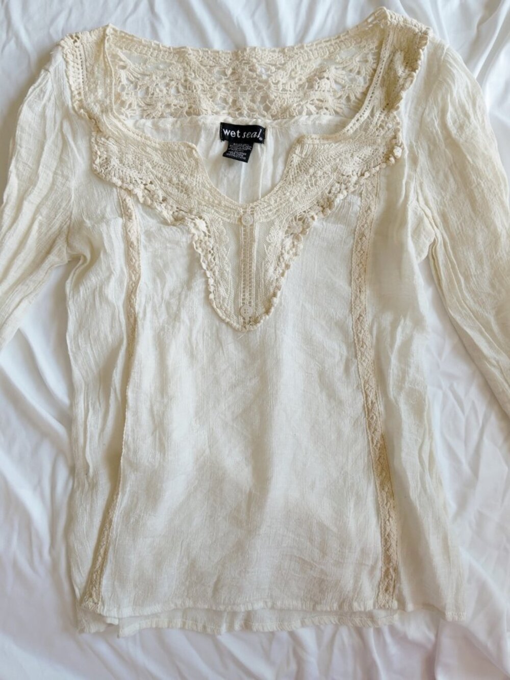 Wet Seal Top Size XS White Cream Crochet Lace Peasant Blouse Vintage Y2K